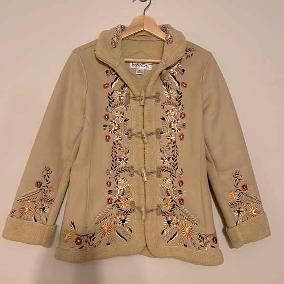 Panache Beige Faux Suede Floral Embroidered Jacket with Toggle Buttons - Picture 1 of 8